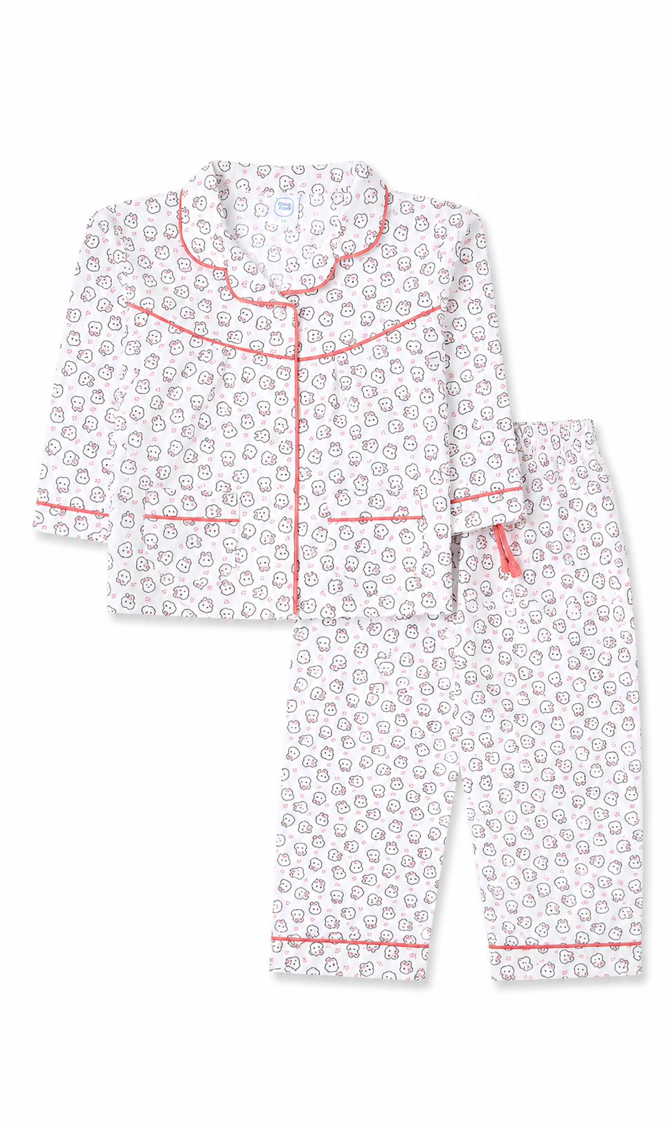 Girls Night Suit White Bear Print Pink Trim