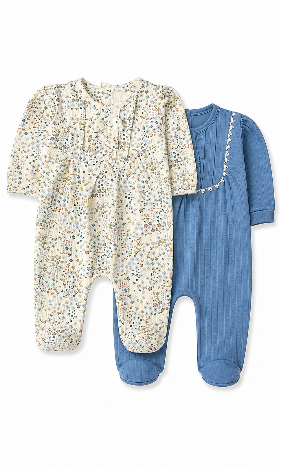 Baby Girls Footed Romper Pack of 2 Floral Print & Blue Bow