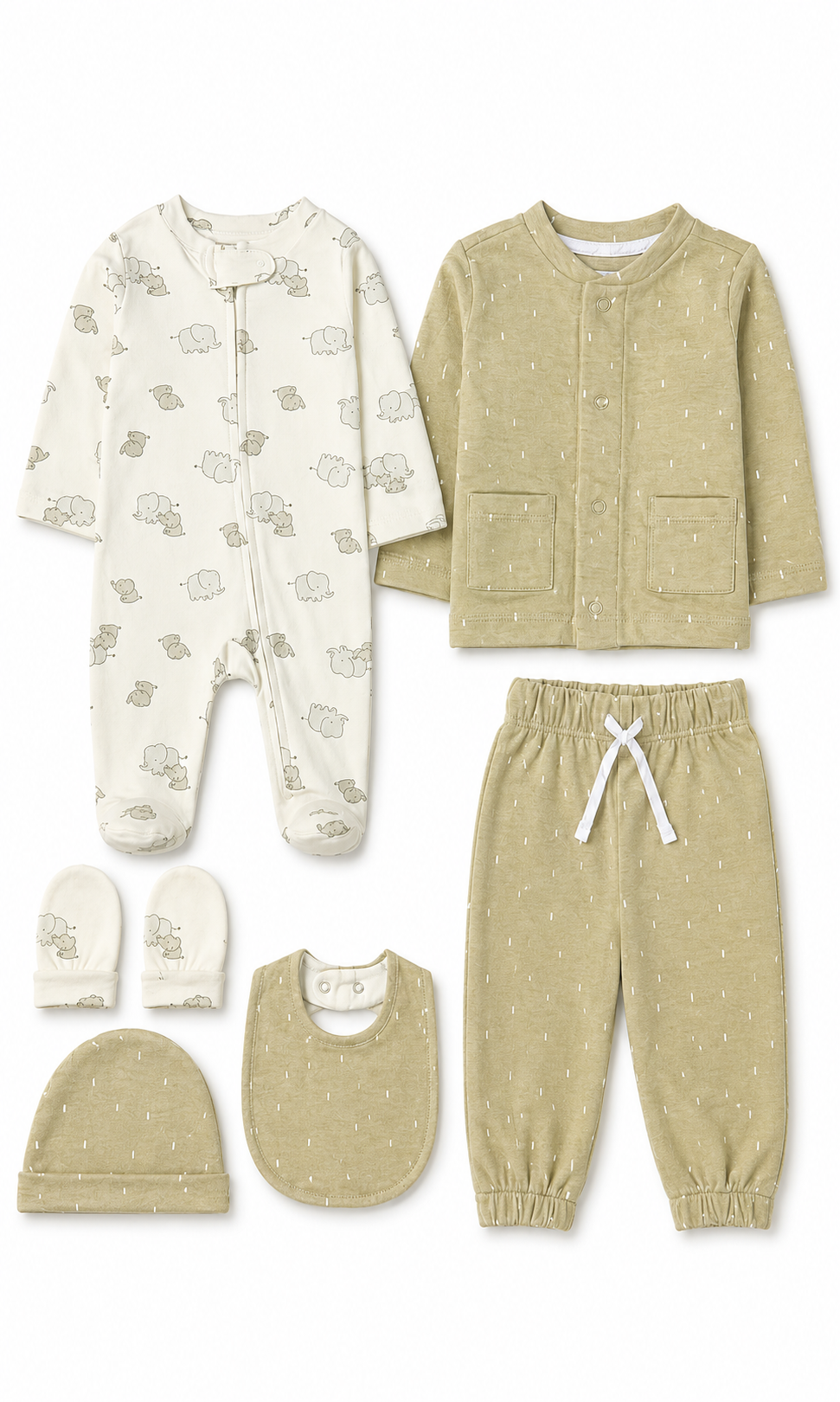 Baby Gift Set Sage Green Elephant Print 6 Piece Newborn Set