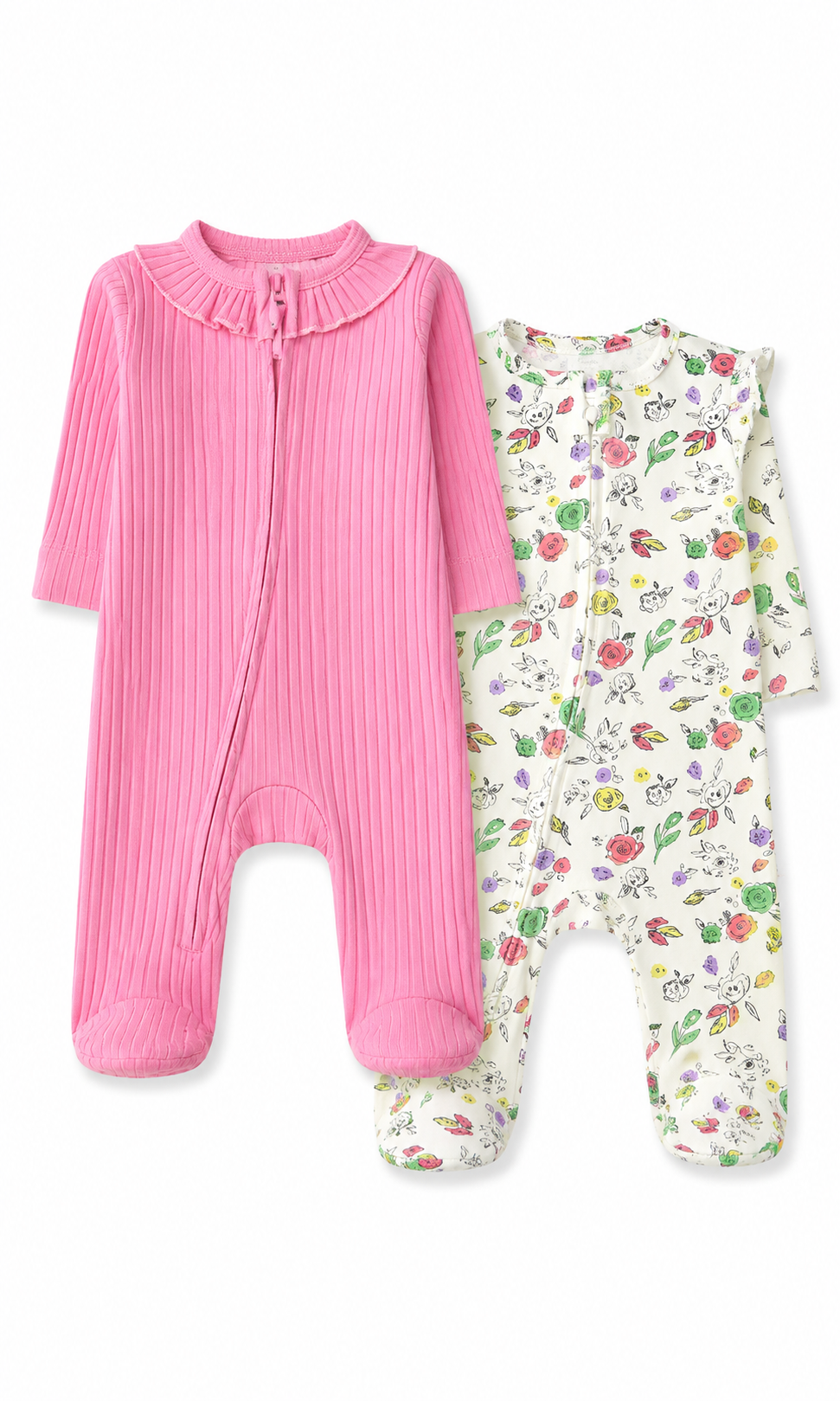 Baby Girls Romper Pack of 2 Pink Ribbed & Cream Floral
