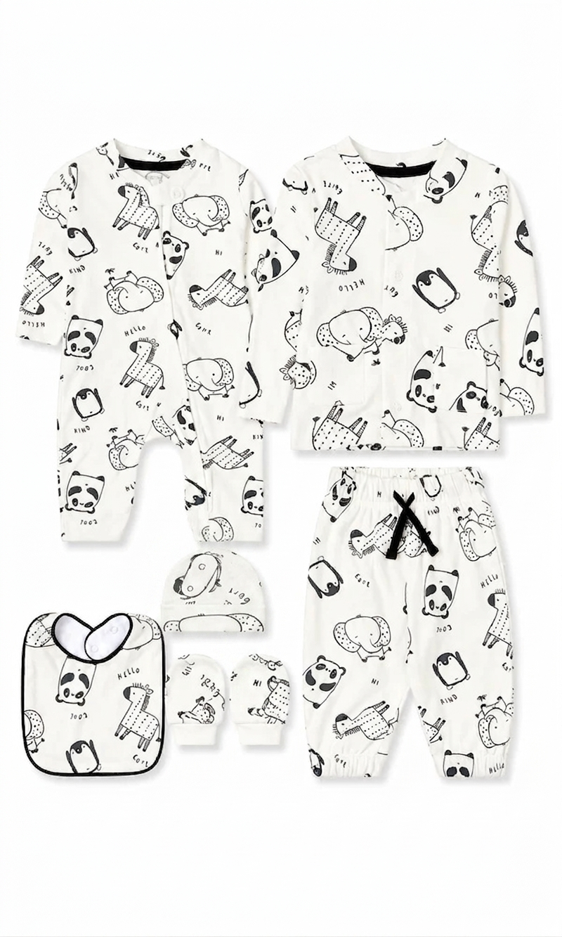 Baby Gift Set White Cartoon Animals Print 6 Piece Newborn Set
