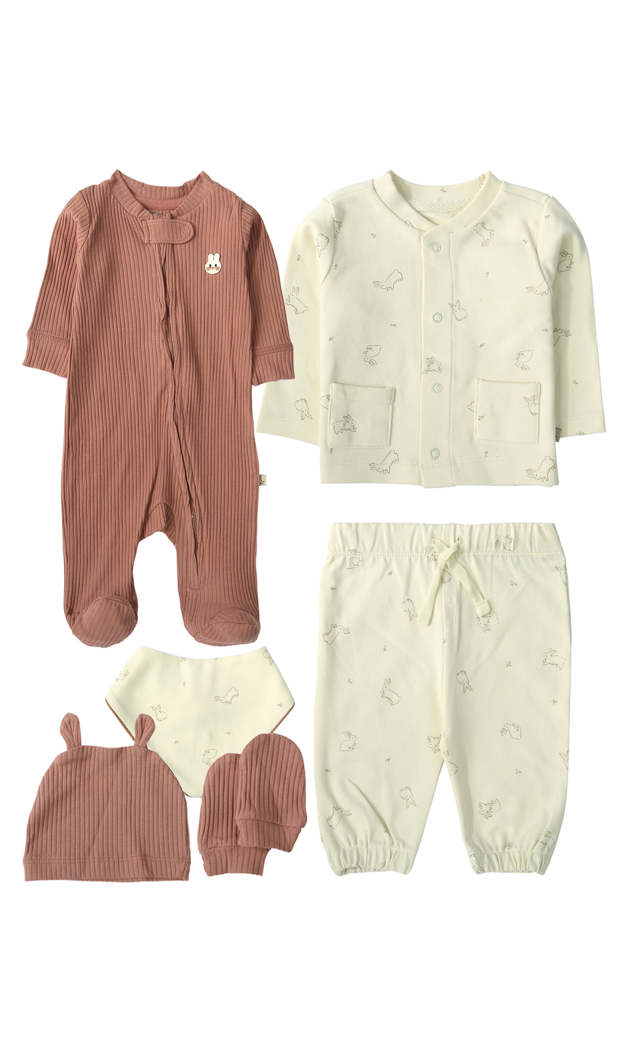 Baby Boys 6-Piece Gift Set Dusty Rose Ribbed & Cream Bunny Print Newborn Layette