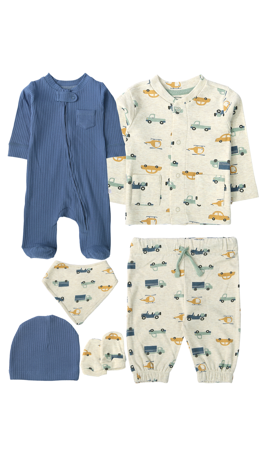 Baby Boys 6-Piece Gift Set Steel Blue Ribbed & Cream Vehicle Print Newborn Layette