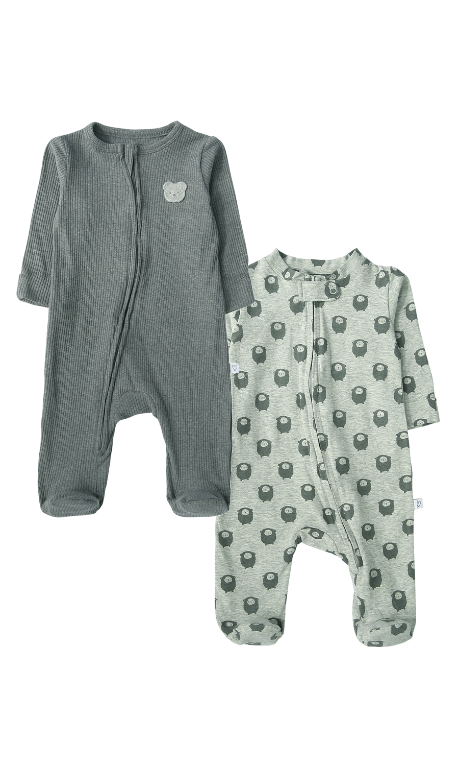 Baby Boys Grey Ribbed and Sage Green Monster Print Footed Romper Pack of 2