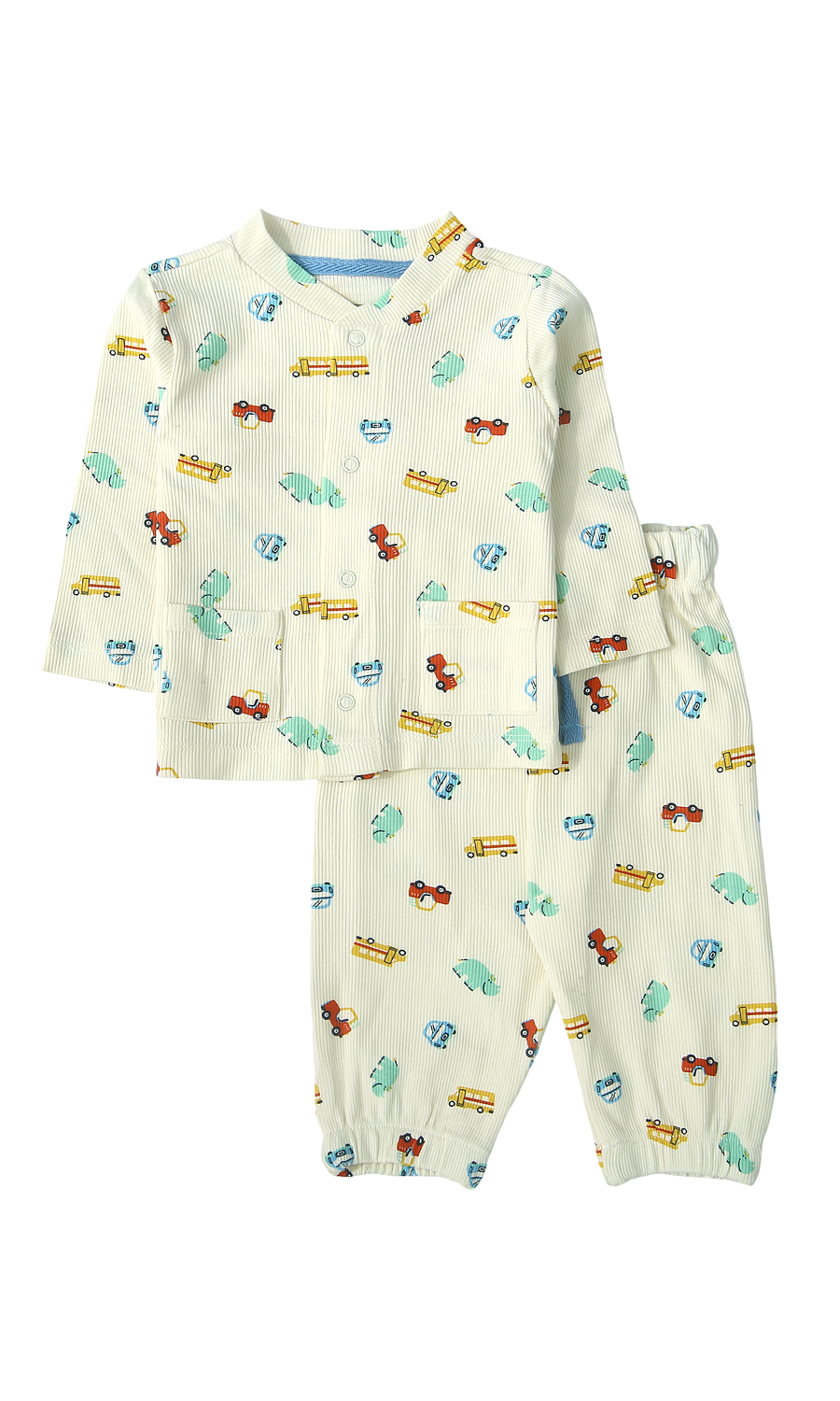 Baby Boys Night Suit Cream Pinstripe Colourful Vehicle Transport Print 2-Piece Pyjama Set