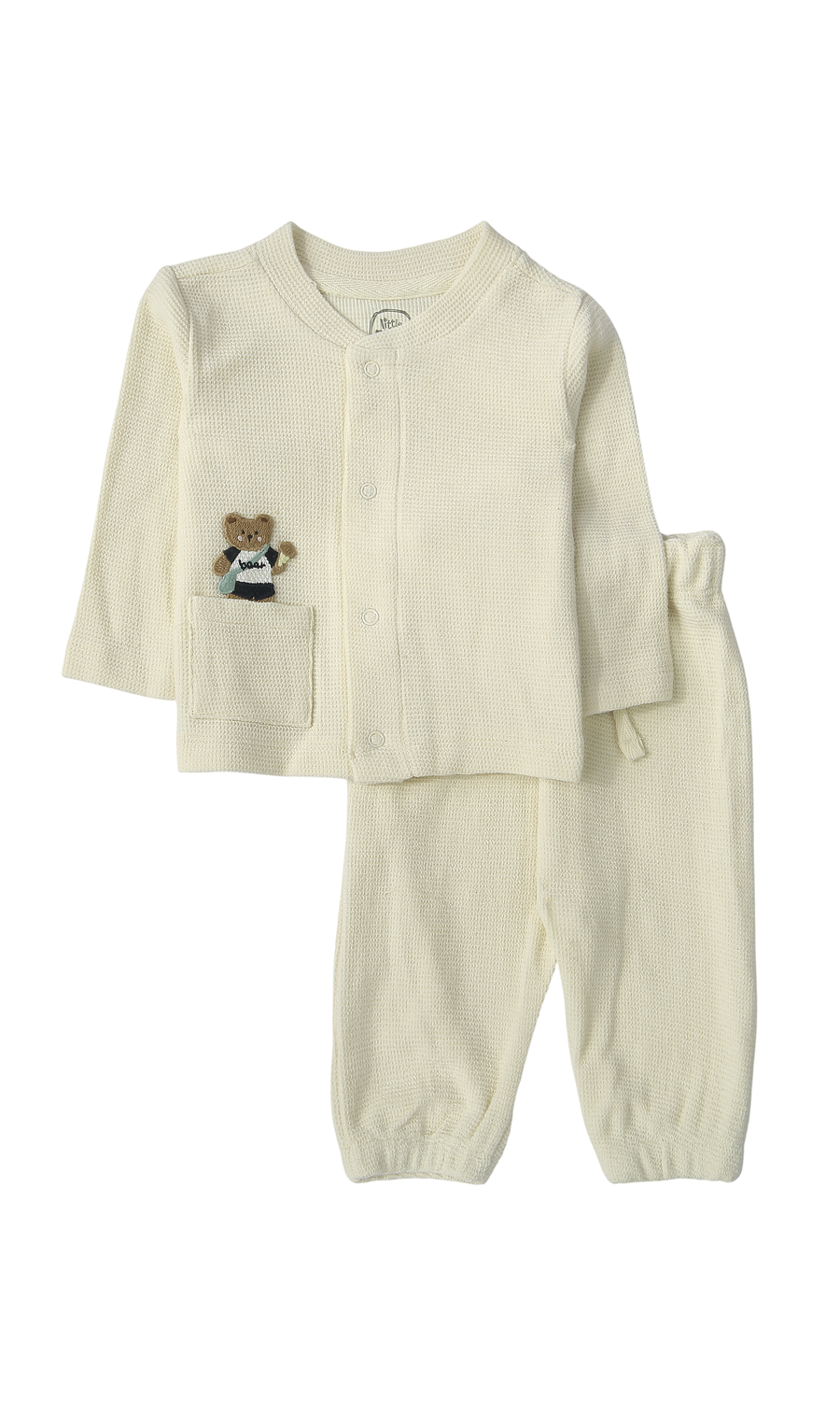 Baby Boys Night Suit Cream Waffle Knit 3D Teddy Bear Appliqué 2-Piece Pyjama Set