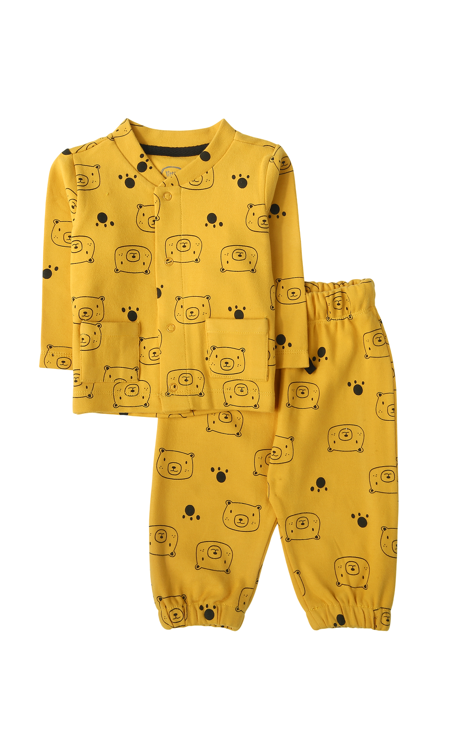 Baby Boys Night Suit Mustard Yellow Bear Face Paw Print 2-Piece Pyjama Set