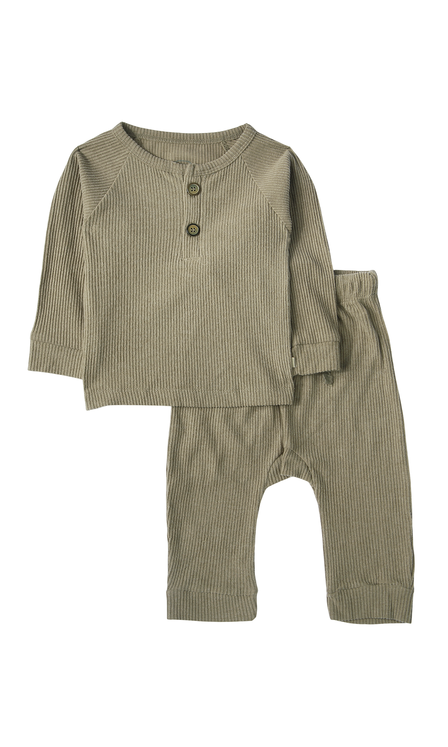 Baby Boys Night Suit Sage Olive Wide Rib Henley 3-Piece Pyjama Set with Cap