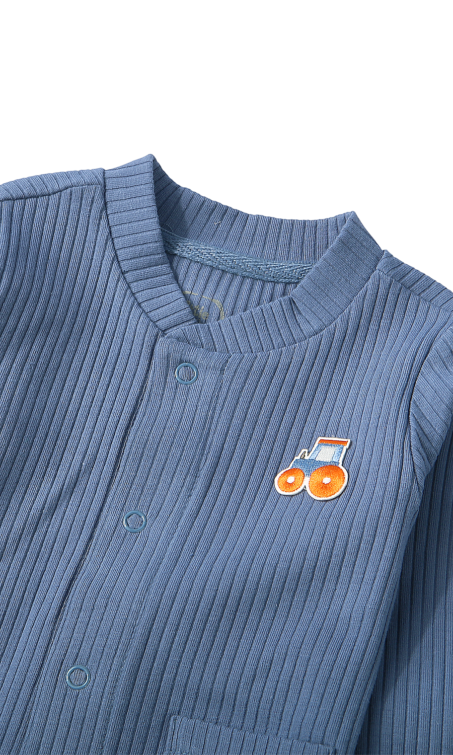 Baby Boys Night Suit Steel Blue Ribbed Tractor Embroidery 2-Piece Pyjama Set