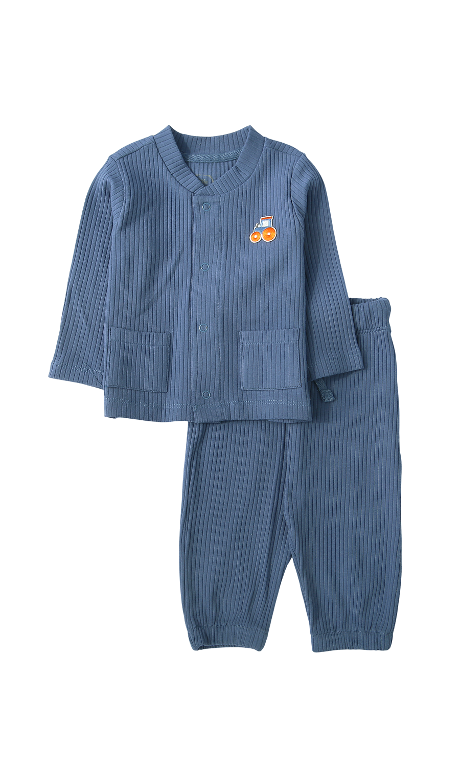 Baby Boys Night Suit Steel Blue Ribbed Tractor Embroidery 2-Piece Pyjama Set