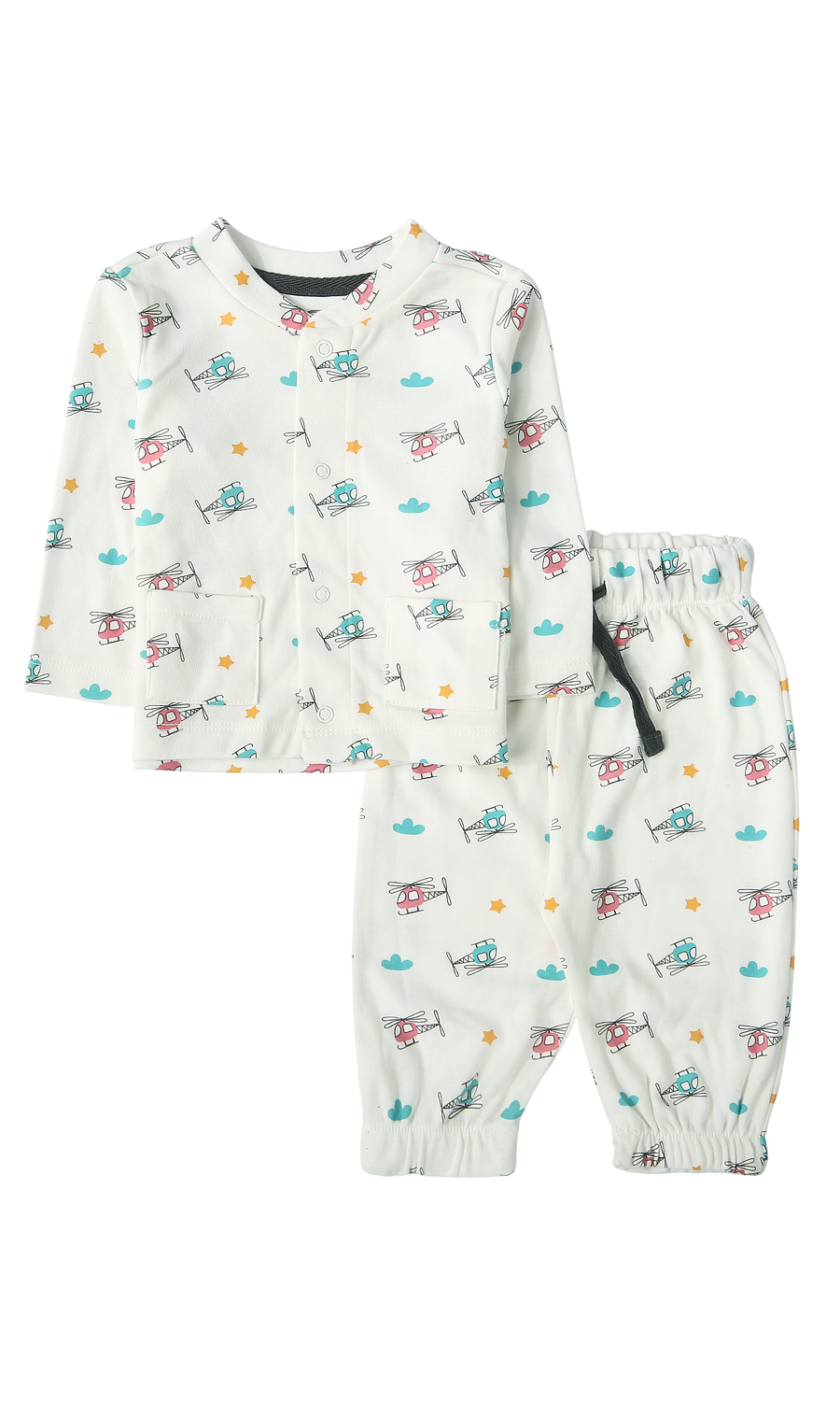 Baby Boys Night Suit White Helicopter Print 2-Piece Pyjama Set