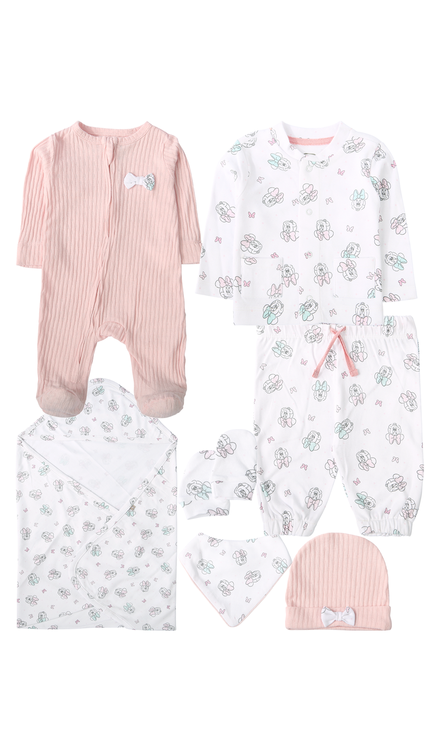 Baby Girls 7-Piece Gift Set Blush Pink Ribbed & White Puppy Floral Print Newborn Layette