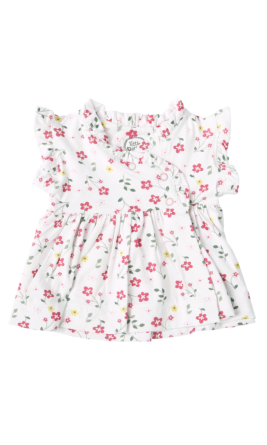 Baby Girls Frock White Pink Wildflower Vine Print Double Ruffle Flutter Sleeve