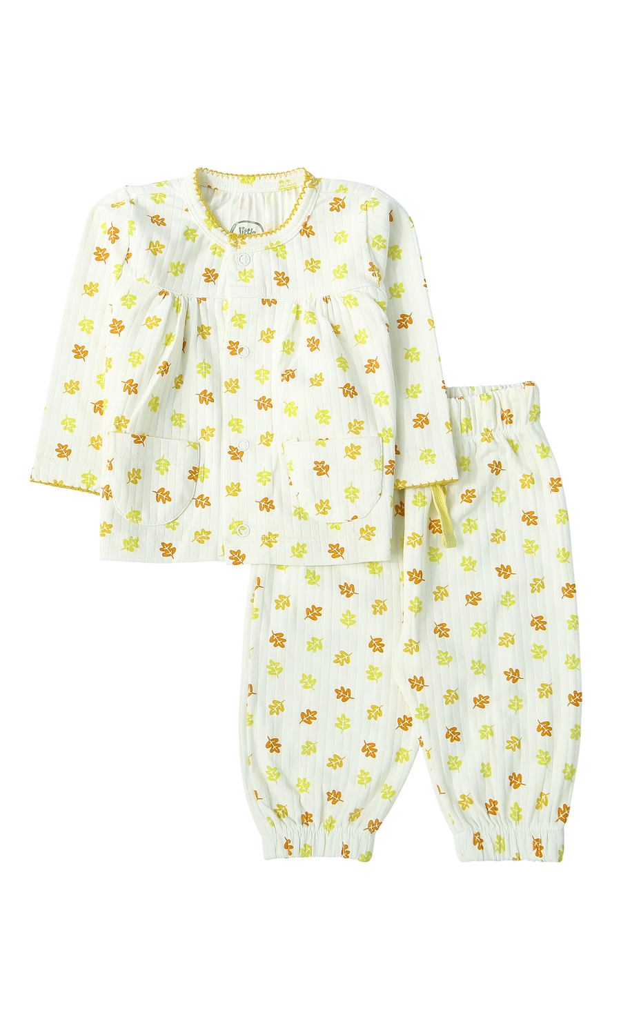 Baby Girls Night Suit White Autumn Leaf Print Lime Trim 2-Piece Pyjama Set