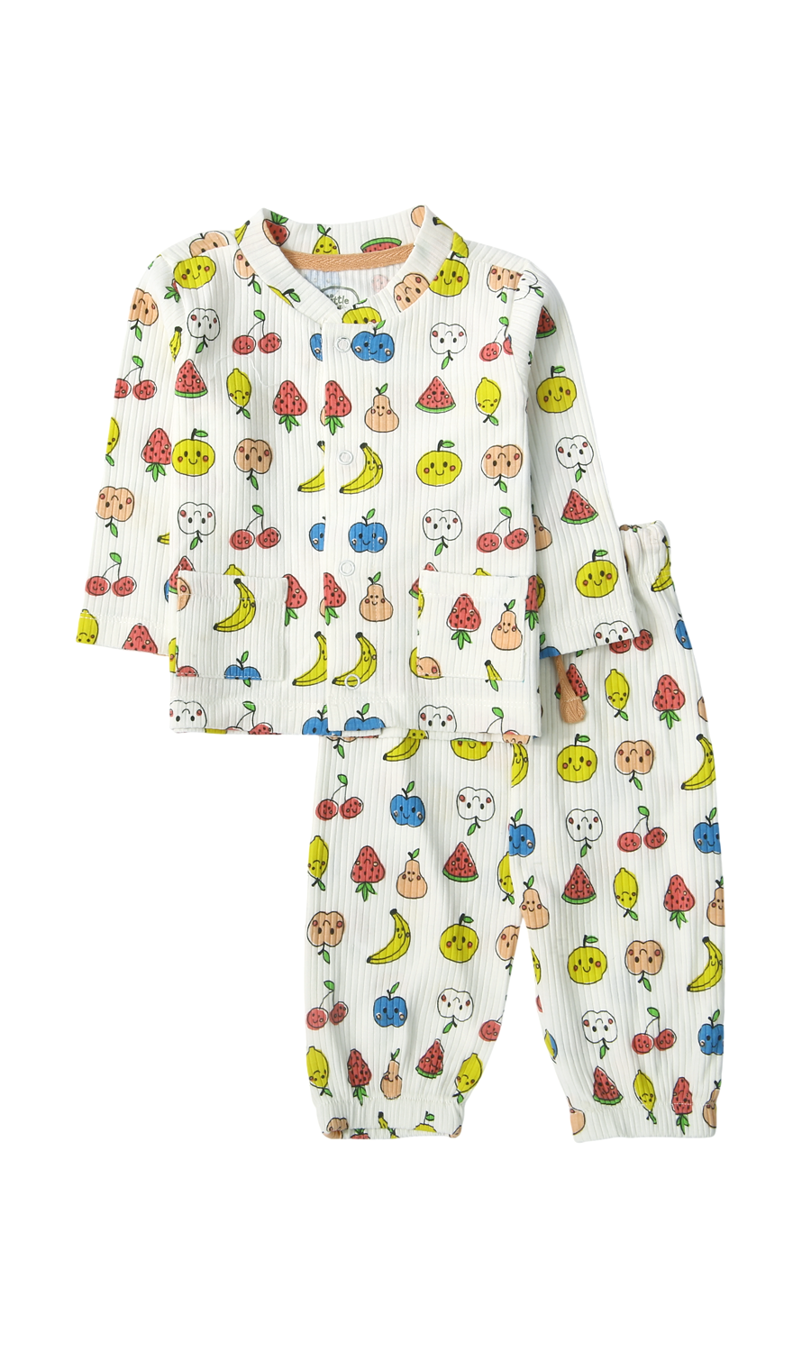 Baby Girls Night Suit White Kawaii Fruit Print Crinkle Cotton 2-Piece Pyjama Set