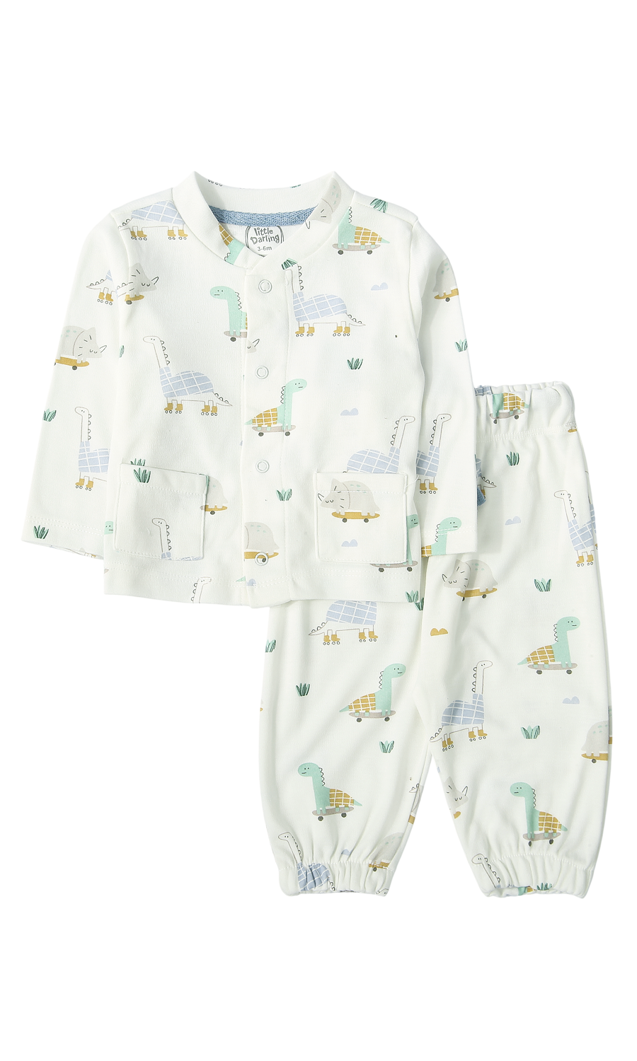 Baby Girls Night Suit White Skateboarding Dino Turtle Print 2-Piece Pyjama Set
