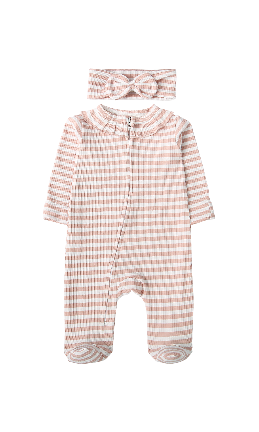 Baby Girls Sleep Suit Pack of 2 Pink Grey Striped with Headband