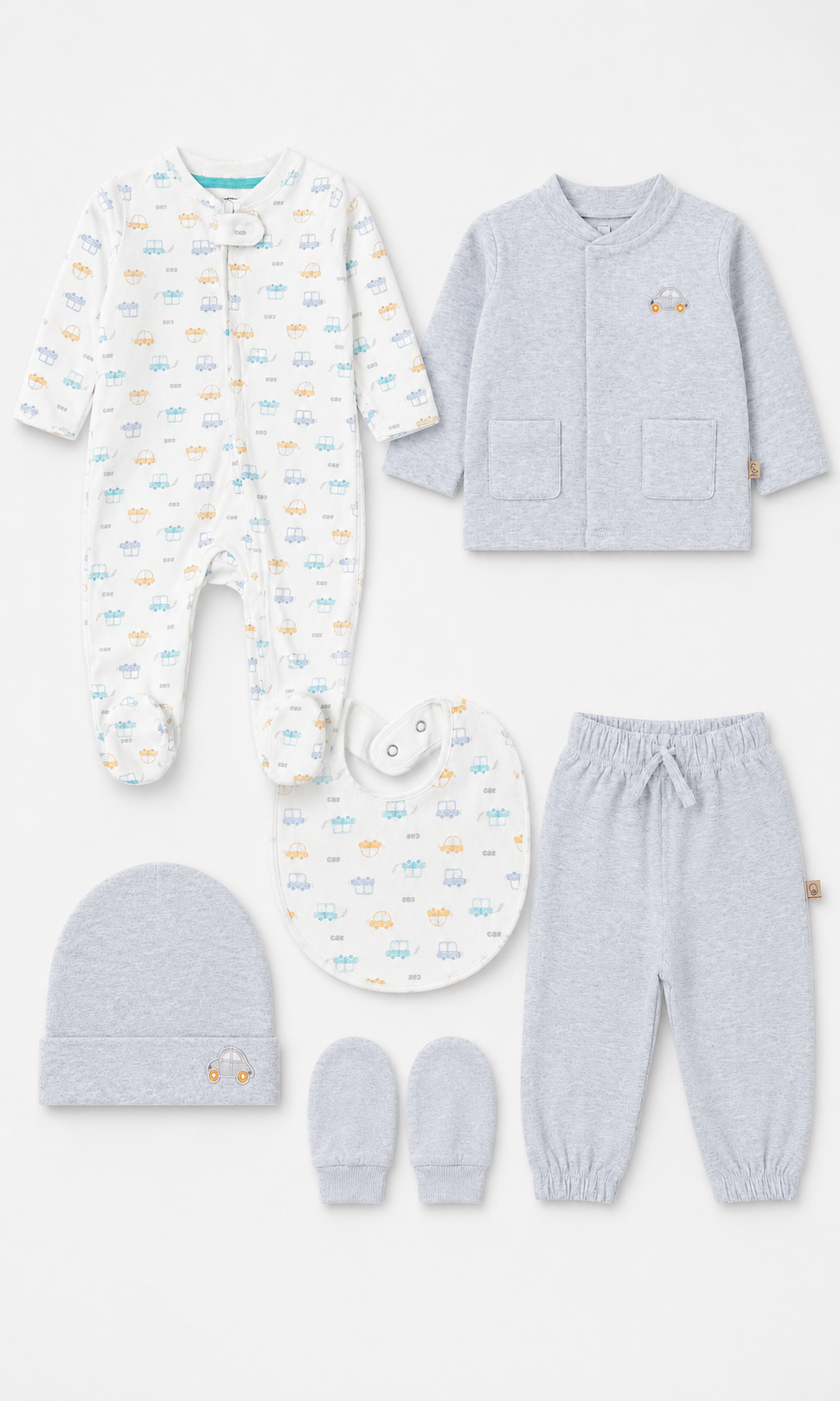 Baby Newborn Gift Set 6 Piece White Blue Cars Print